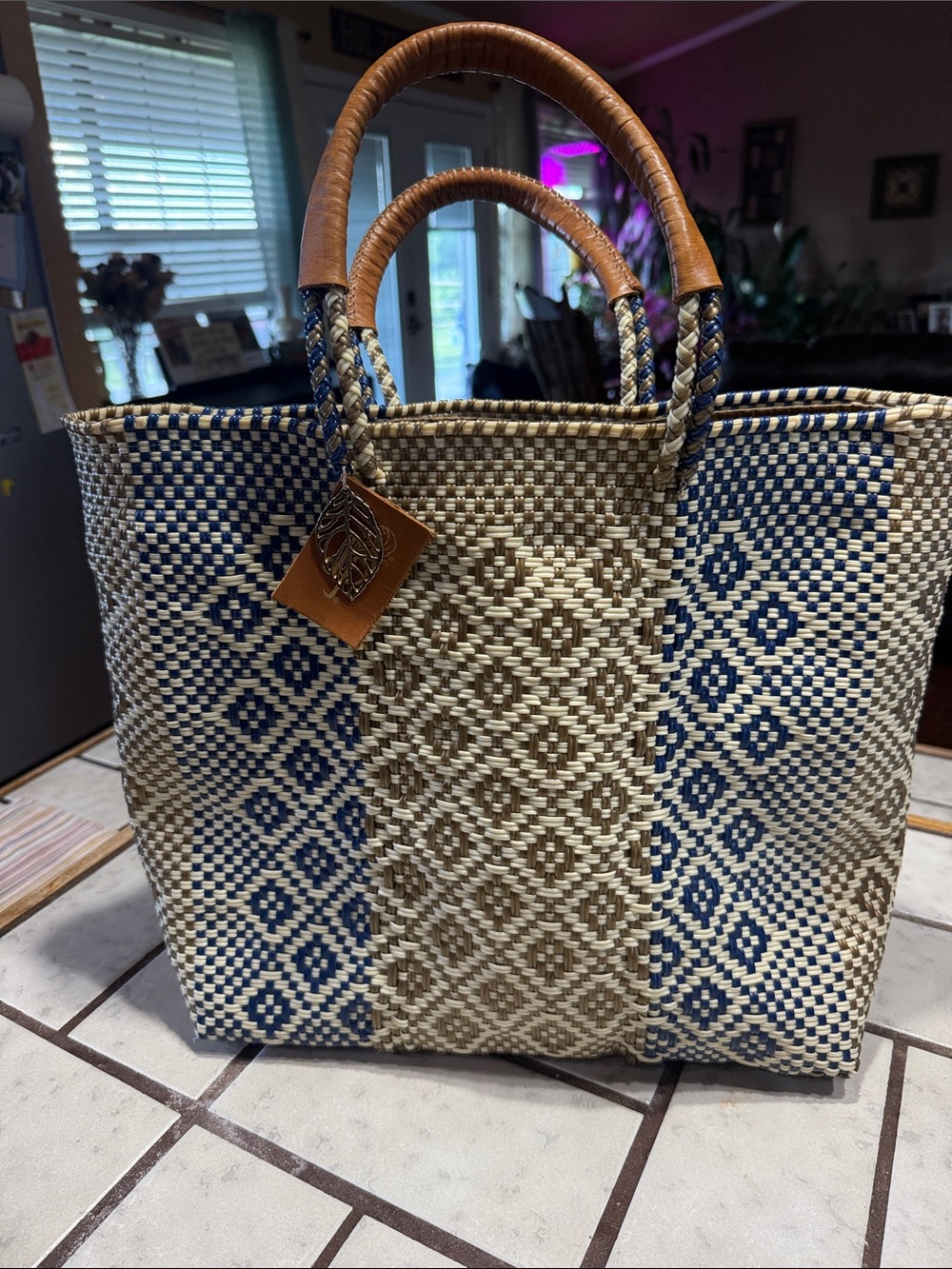 Woven Tote Bag with Leather Handles - Blue & Cream